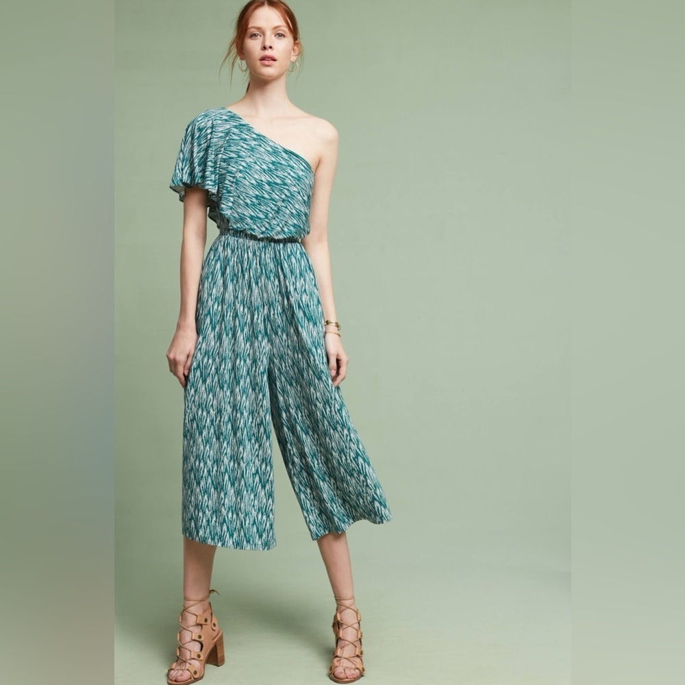 Anthropologie Maeve Teal One-Shoulder Jumpsuit  Woman’s Size Small